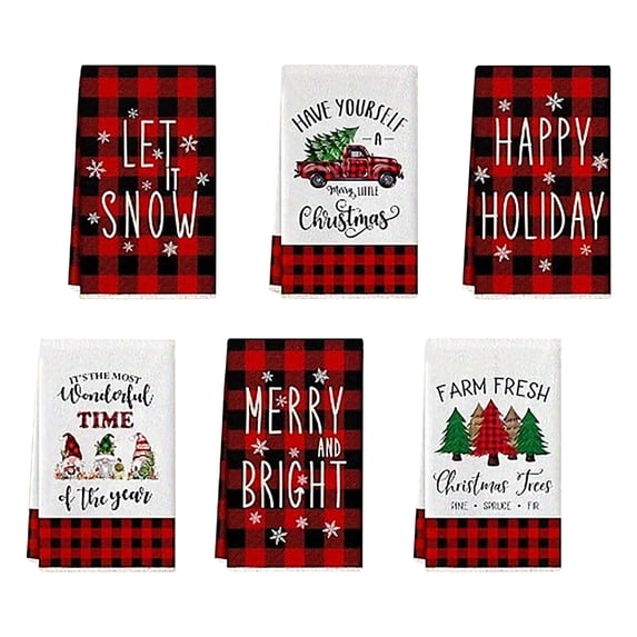 6 Piece Set Christmas Kitchen Towels Dish Towels, Red Black Buffalo Plaid Holiday Print Dishcloths for Kitchen