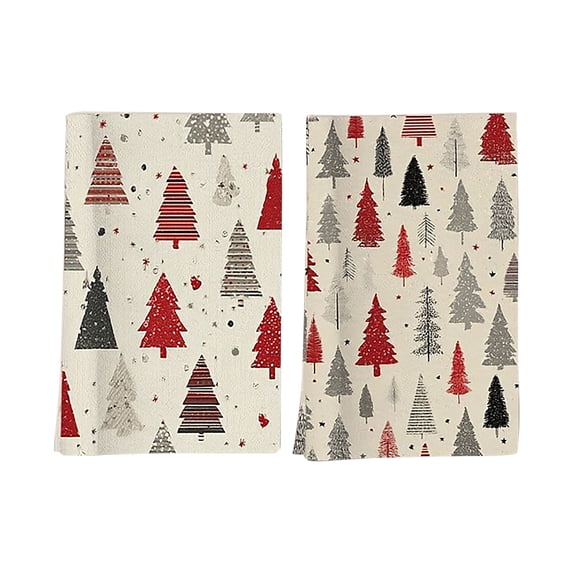6 Piece Set Christmas Kitchen Towels Dish Towels, Red Grey Black Christmas Tree Print Dishcloths for Kitchen