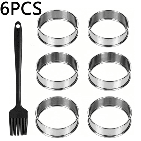 6-Piece Set of 4-inch Stainless Steel Baking Molds, Double-Layer Non-Stick Round Molds for English Muffins, Tarts, Cakes and Pastry