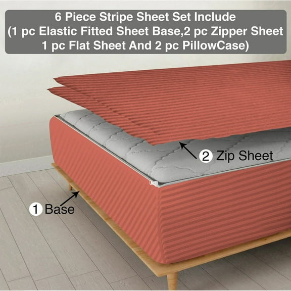6 Piece Sheet has Zipper Sheet Set, California King Size 10 Inch Deep Pocket, 800 TC, Stripe Brick Red Color.
