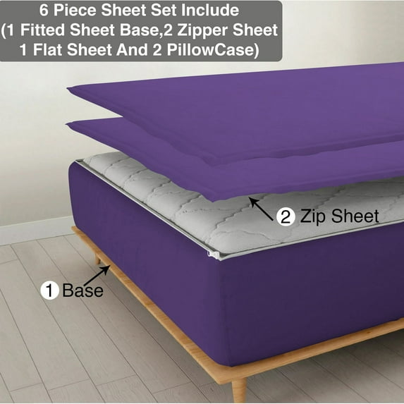 6 Piece Sheet has Zipper Sheet Set, Full Size 15 Inch Deep Pocket, 800 TC, Solid Purple Color.