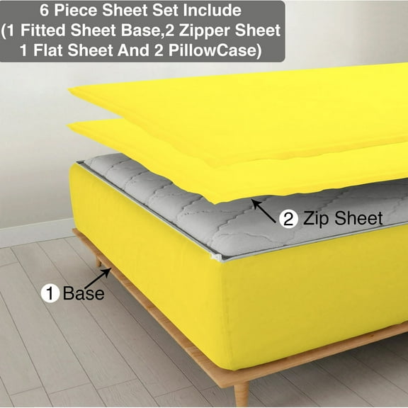 6 Piece Sheet has Zipper Sheet Set, Full Size 15 Inch Deep Pocket, 800 TC, Solid Yellow Color.