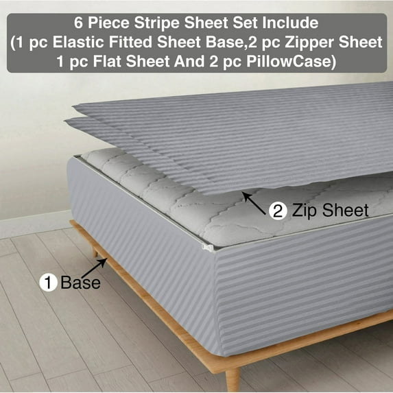 6 Piece Sheet has Zipper Sheet Set, King Size 18 Inch Deep Pocket, 800 TC, Stripe Silver Color.