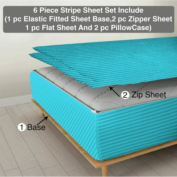 6 Piece Sheet has Zipper Sheet Set, King Size 18 Inch Deep Pocket, 800 TC, Stripe Turquoise Blue Color.