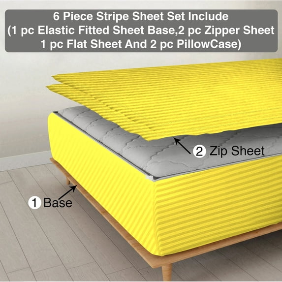6 Piece Sheet has Zipper Sheet Set, King Size 21 Inch Deep Pocket, 800 TC, Stripe Yellow Color.
