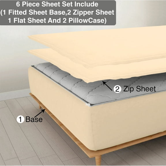 6 Piece Sheet has Zipper Sheet Set, King Size 24 Inch Deep Pocket, 800 TC, Solid Ivory Color.