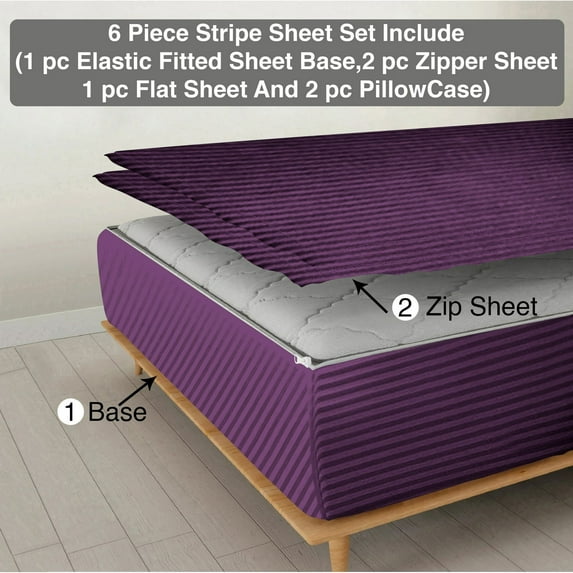 6 Piece Sheet has Zipper Sheet Set, Olympic Queen Size 12 Inch Deep Pocket, 800 TC, Stripe Plum Color.
