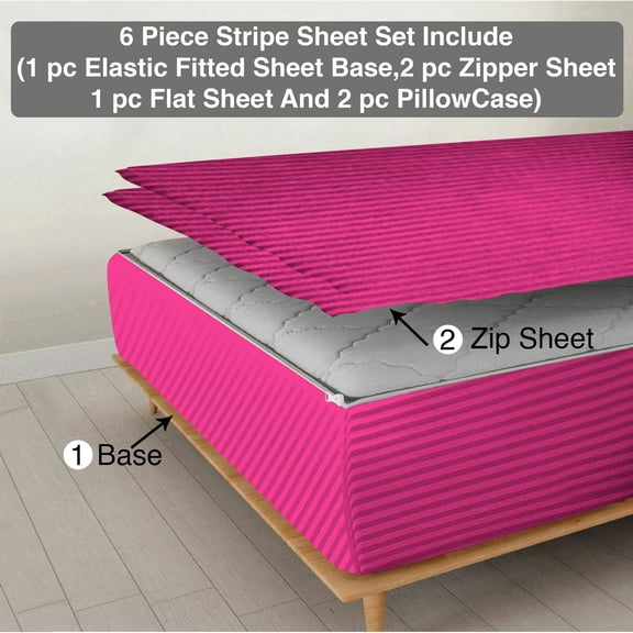 6 Piece Sheet has Zipper Sheet Set, Olympic Queen Size 21 Inch Deep Pocket, 800 TC, Stripe Hot Pink Color.