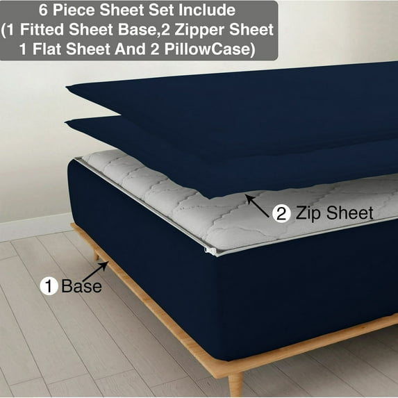 6 Piece Sheet has Zipper Sheet Set, Queen Size 12 Inch Deep Pocket, 800 TC, Solid Navy Blue Color.