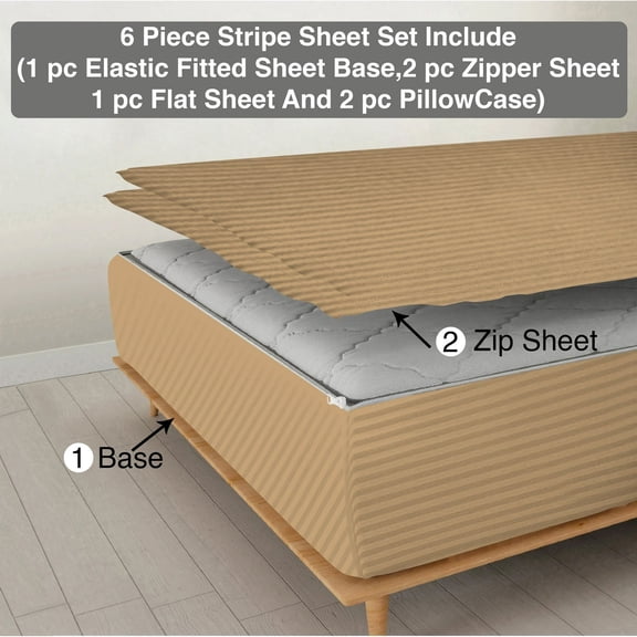 6 Piece Sheet has Zipper Sheet Set, Queen Size 12 Inch Deep Pocket, 800 TC, Stripe Taupe Color.