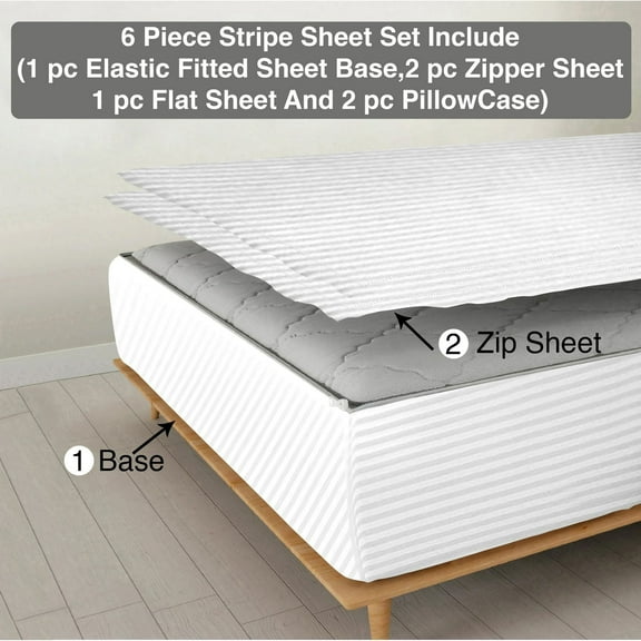6 Piece Sheet has Zipper Sheet Set, Twin XL Size 15 Inch Deep Pocket, 800 TC, Stripe White Color.