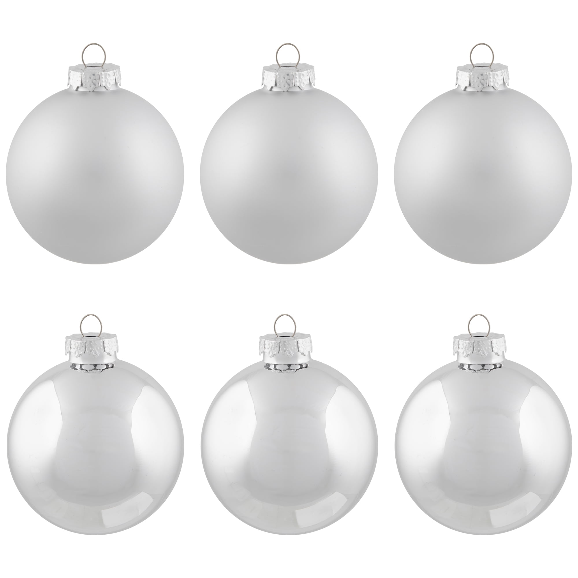 6-Piece Shiny and Matte Silver Glass Ball Christmas Ornament Set 3.25" (80mm)
