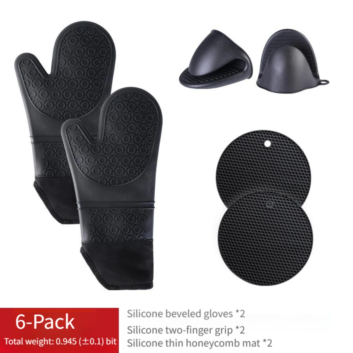 6-Piece Silicone Heat Resistant Oven Mitts Set - Pot Holders, Grip Clips & Oil Brush Included - Non-Slip Baking Gloves for Kitchen (Color Dot/Striped Pattern)