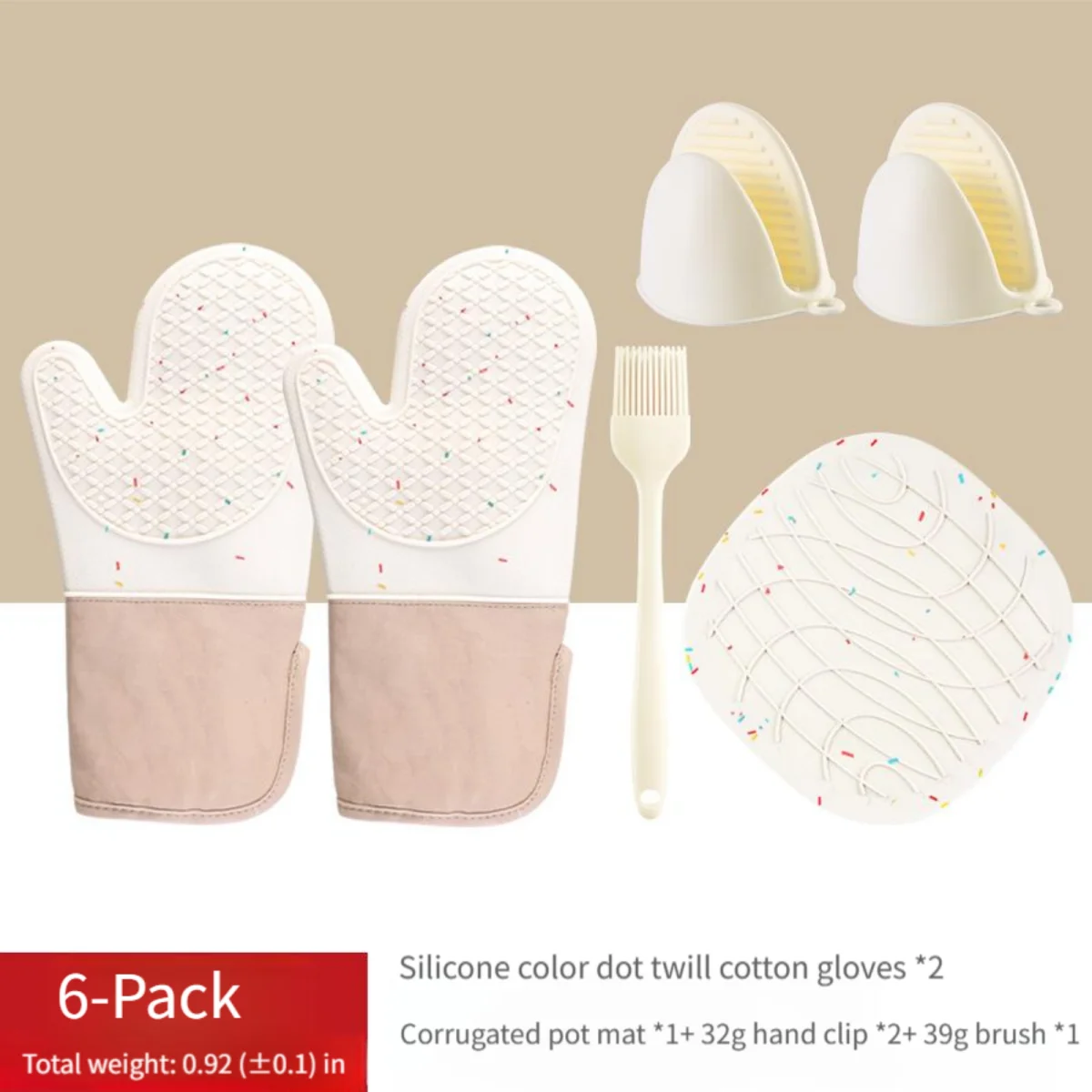 6-Piece Silicone Heat Resistant Oven Mitts Set - Pot Holders, Grip Clips & Oil Brush Included - Non-Slip Baking Gloves for Kitchen (Color Dot/Striped Pattern)