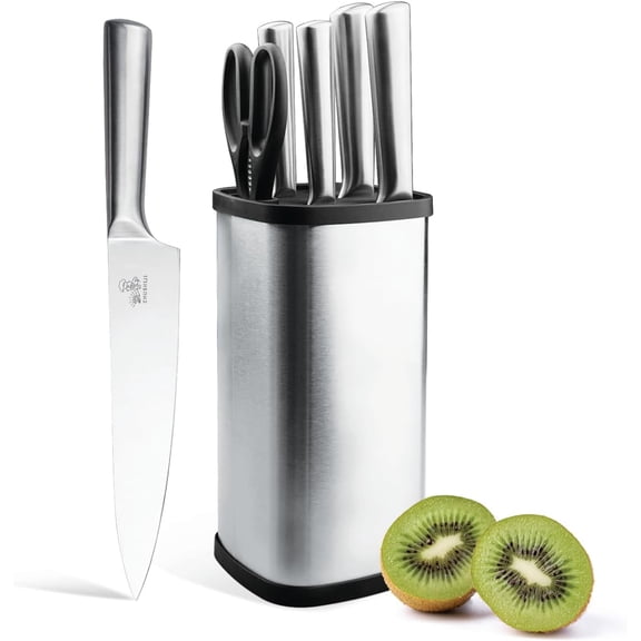 6-Piece Silver Kitchen Knife Set | One-Piece Stainless Steel, Ultra-Sharp, Anti-Rust, Ergonomic Grip Knives with Universal Knife Block for Home Cooks & Beginners (silver)