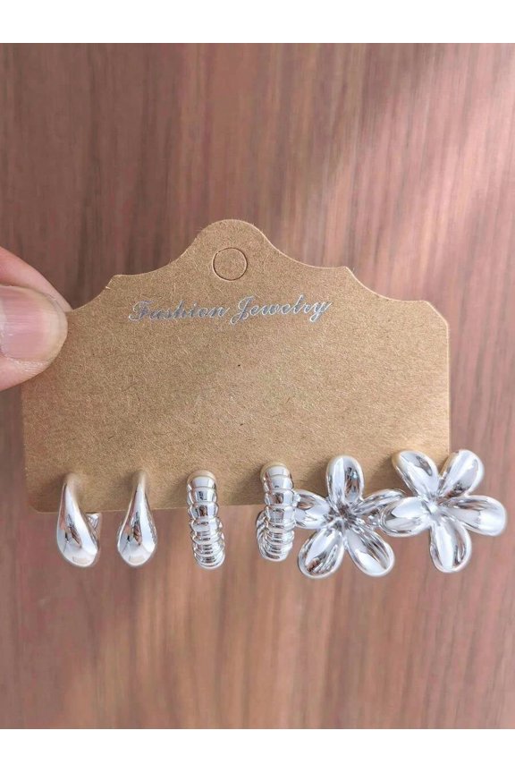 6-Piece Silvertone Fish Mouth Style Earring Set With Water Drop, Textured & Flower Designs