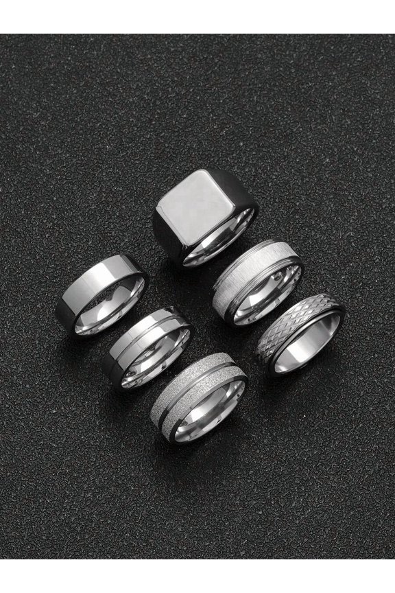 6-Piece Silvertone Stainless Steel Mens Ring Set With Mixed Textured Bands
