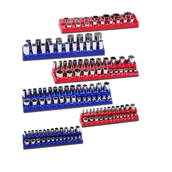 6-Piece Socket Organizer Tray Set, 1/4 3/8 1/2 Drive SAE/Metric with Clear Labels, Holds 143 Standard & Deep Sockets, Blue Red