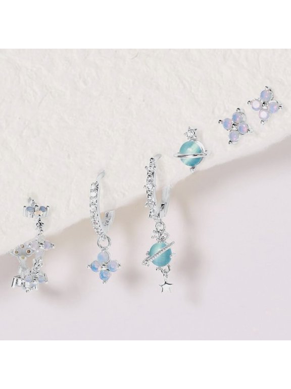 6-Piece Solar Planet Blue Opal & Gold Cubic Zirconia Earring Set Celestial Ear Party Jewelry