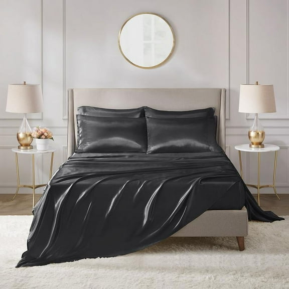 6 Piece Solid Color Satin Sheet Set (1*Flat Sheet + 1* Fitted Sheet + 4*Pillowcases), Luxurious And Silky With Natural Sheen, Fits Up To 16" Mattress