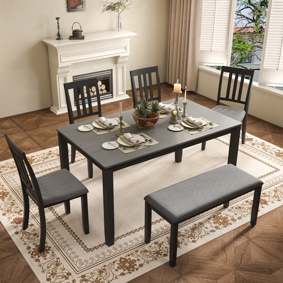 6 Piece Solid Wood Upholstered Dining Room Set with Bench and Chairs