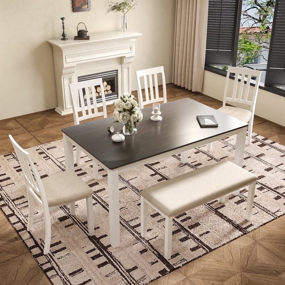 6 Piece Solid Wood Upholstered Dining Room Set with Bench and Chairs