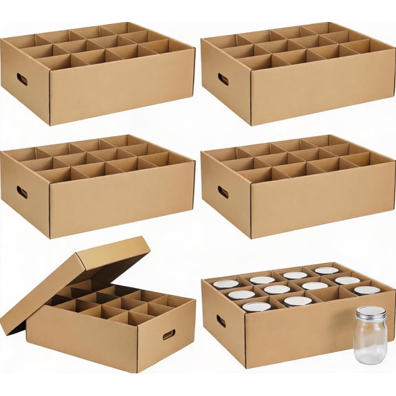 6 Piece Stackable Mason Jar Storage Boxes 16 oz with Handles and Dividers Natural Color
