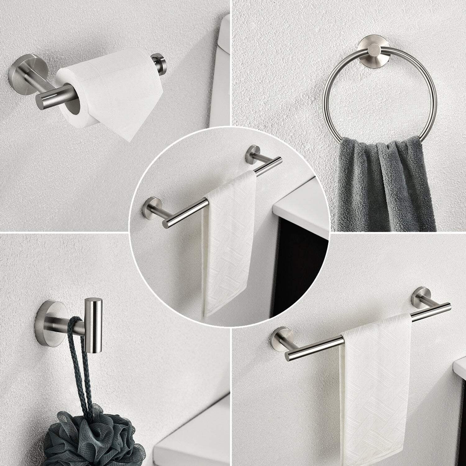 6 Piece Brushed Nickel Stainless Steel Bathroom Towel Rack Set