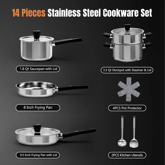 6-Piece Stainless Steel Cookware Set, Induction Compatible Pots and Pans with Glass Lids and Heat Resistant Handles, Dishwasher Safe Kitchen Cooking Essentials