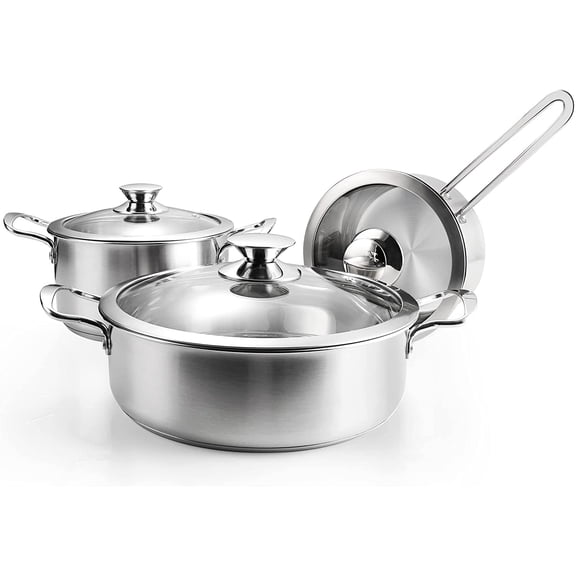 6-Piece Stainless Steel Cookware Set, Induction Pots and Pans Set with Glass Lids, Non-Toxic Kitchen Set for Gas/Electric/Induction, Oven & Dishwasher Safe