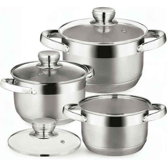 6-Piece Stainless Steel Cookware Set with Glass Lids Tri-Ply Bases Induction Compatible Dishwasher Safe Built-In Measuring Scale