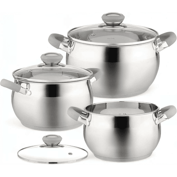 6-Piece Stainless Steel Cookware Set with Glass Lids Tri-Ply Bases Induction Compatible Dishwasher Safe