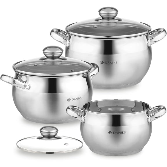 6-Piece Stainless Steel Cookware Set with Glass Lids Tri-Ply Bases for Even Heating Induction Compatible Dishwasher Safe