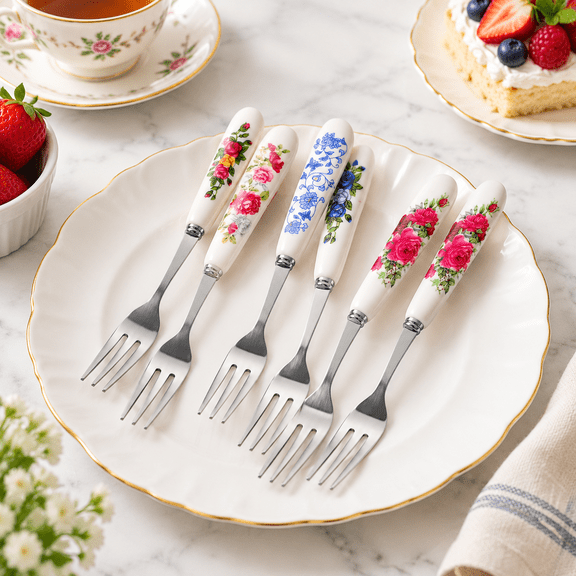 6-Piece Stainless Steel Dessert Forks with Ceramic Handles, 6-inch Flatware for Pastry Fruit Salad Appetizers