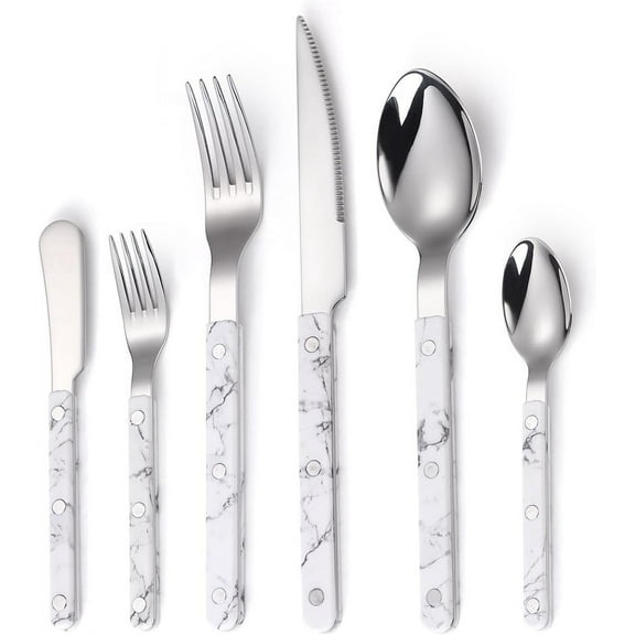 6-Piece Stainless Steel Flatware Silverware Set - Marble Pattern with Rivet/Retro Style Cutlery - Includes Dinner Knife, Dinner Fork, Dinner Spoon, Dessert Fork, Butter Knife, Teaspoon