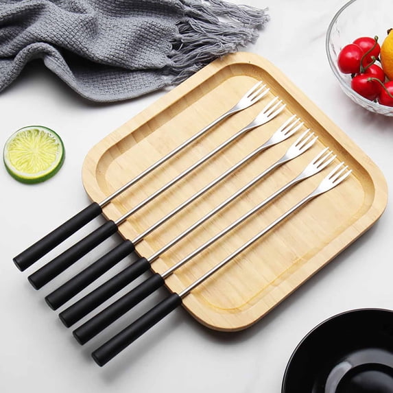 6 Piece Stainless Steel Fruit Fork Set Small Dessert Fondue Forks with Heat Resistant Black and Wooden Style Handles Portable Appetizer Tableware PP Handle