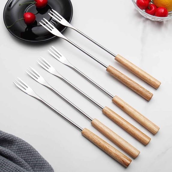 6 Piece Stainless Steel Fruit Fork Set Small Dessert Fondue Forks with Heat Resistant Black and Wooden Style Handles Portable Appetizer Tableware Wooden Handle