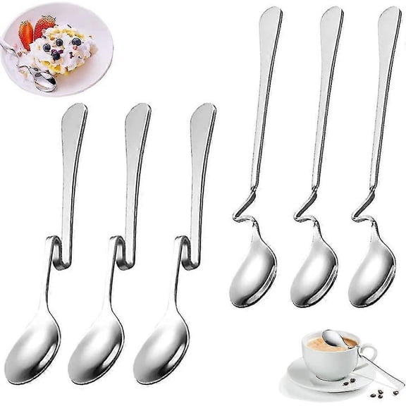 6 Piece Stainless Steel Hanging Coffee Spoons Set with Curved Handles for Cups Mugs Glasses