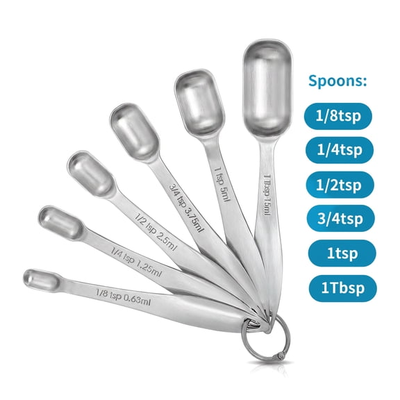 6 Piece Stainless Steel Measuring Spoons Set, Long Handle Teaspoon and Tablespoon Set for Baking, Cooking, Coffee, Spices, Dry and Liquid Ingredients
