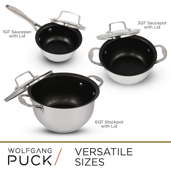 6-Piece Stainless Steel Pots and Pan Set; Scratch-Resistant Non-Stick Cookware, Clear Tempered-Glass Lids, Cool Touch Handles