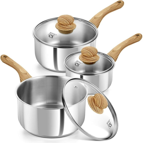 6 Piece Stainless Steel Sauce Pan Set with Lids, 1QT, 2QT, 3QT Saucepan with Cool-Touch Handles, 5-layers Base Pots, Induction Compatible Sauce Pan, Pot Set
