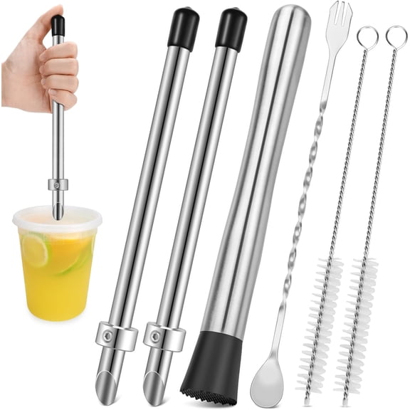 6 Piece Stainless Steel Straw Hole Puncher Muddler Set Lemonade Cup Drink Mixing Prep Tool