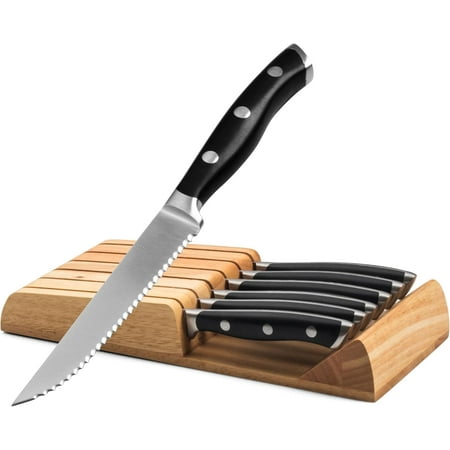 6-Piece Steak Knives Set with Block, 4.7 Inch with Serrated Edge Razor-Sharp Dinner Knives, Full-Tang Construction, Dishwasher Safe