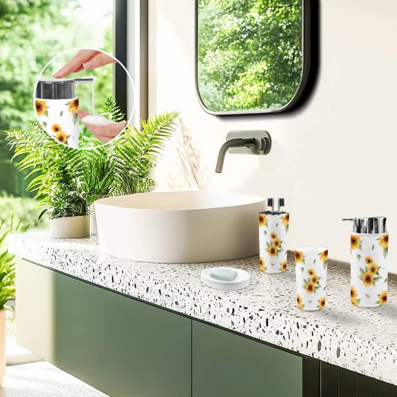 6-Piece Sunflower Yellow Bathroom Accessory Set with Soap Dispenser and Trash Can for Rustic Decor