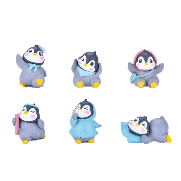 6 Piece Super Cute Penguin Figurine Set Detailed Miniature Edition For Desktop Ornament And Gift Collection (Grey)