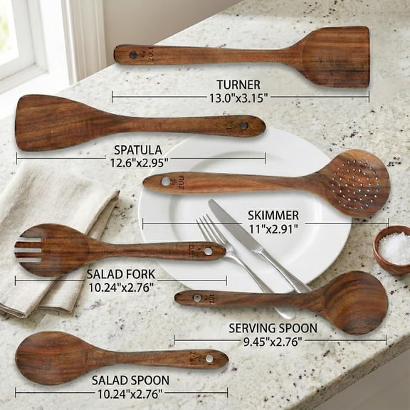 6-Piece Teak Wooden Cooking Utensil Set Wooden Spoons & Spatulas for Nonstick Cookware, Non-Toxic Eco-Friendly Kitchen Tools$$Home Decor, Kitchen, & Other