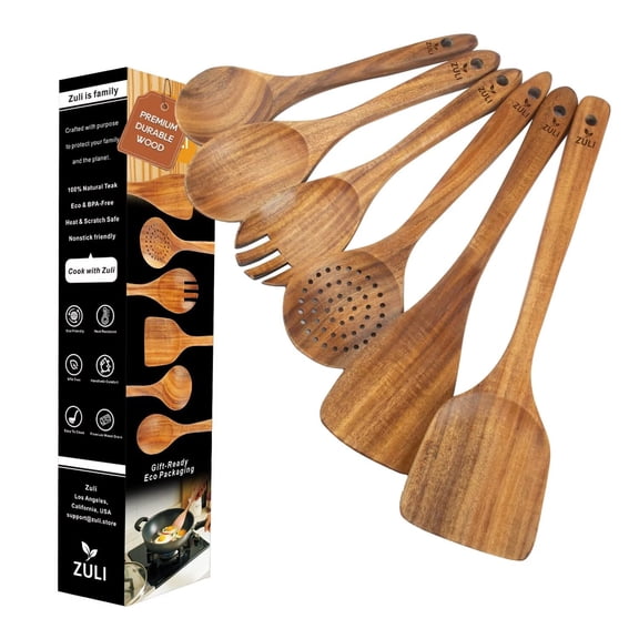 6-Piece Teak Wooden Cooking Utensil Set Wooden Spoons & Spatulas for Nonstick Cookware, Non-Toxic Eco-Friendly Kitchen Tools