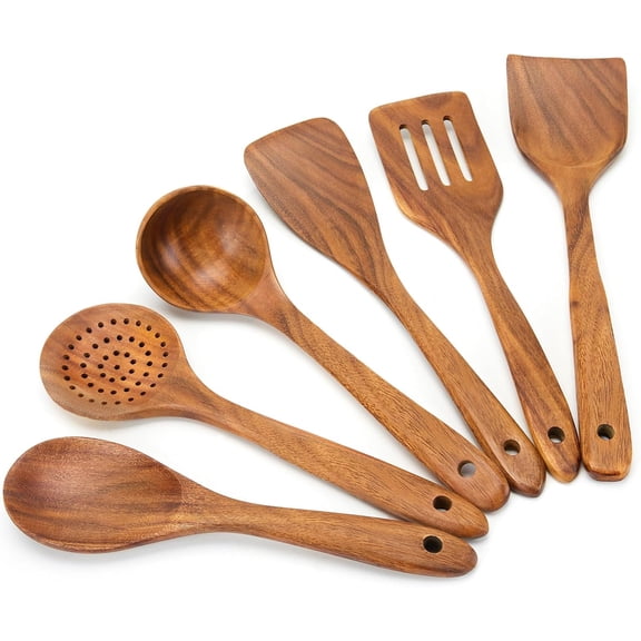 6 Piece Teak Wooden Cooking Utensils Set, Large 6-Piece Set, Rustic Brown, Non-Stick, Easy to Clean, Comfort-Grip, Wooden Spoons for Cooking, Slotted Turner, Spatula, Skimmer, Ladle, Salad Spoon