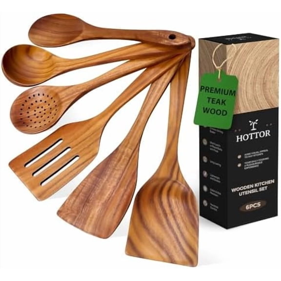 6 Piece Teak Wooden Utensil Set, Comfort-Grip Wooden Spoons for Cooking, Smooth Finish Wood Kitchen Utensils Set, Non-Stick Wood Spatula for Cooking$$Home Decor, Kitchen, & Other