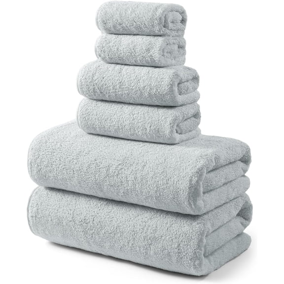 6-Piece Thick Bath Towel Set, Highly Absorbent Terry Cotton Towels for Bathroom, 2 Bath Towels, 2 Hand Towels, 2 Washcloths-Grey